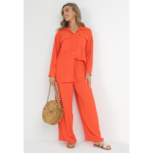 Pomarańczowy 2-częściowy Komplet Oversize z Koszulą i Szerokimi Spodniami Tialla M okazyjna cena Born2be Odzież