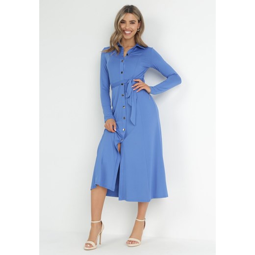 Niebieska Sukienka Maxi i Koszulowym Fasonie z Wiązaniem mZynlee ze sklepu Born2be Odzież w kategorii Sukienki - zdjęcie 151104267