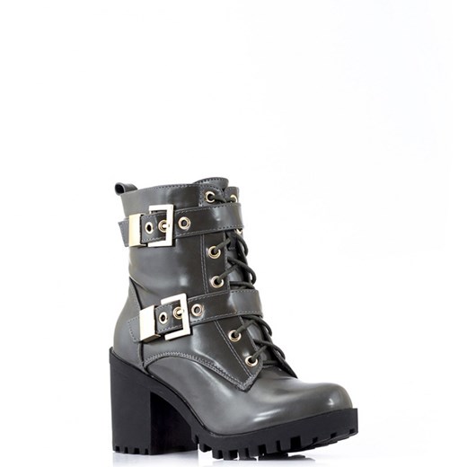 Szare Botki Grey Lace-up Boots with Two Clasps born2be-pl szary Eko