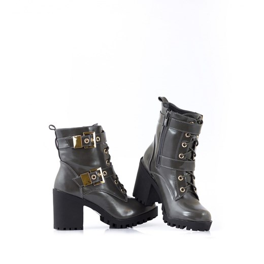 Szare Botki Grey Lace-up Boots with Two Clasps born2be-pl szary lekkie