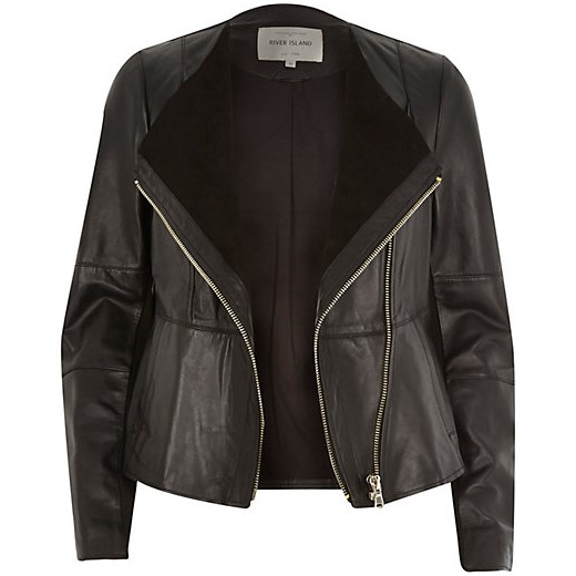 Black leather collarless biker jacket river-island czarny kurtki