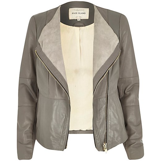 Grey leather collarless biker jacket river-island brazowy kurtki