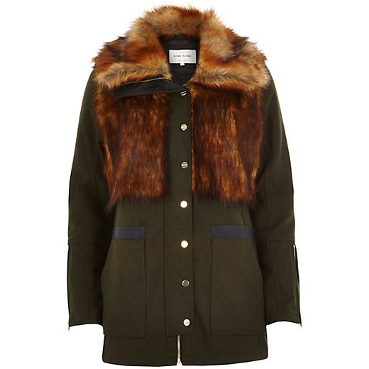 Khaki faux fur woolen jacket river-island szary kurtki
