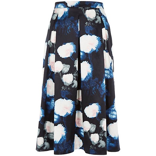 Blue floral print structured midi skirt river-island szary kwiatowy