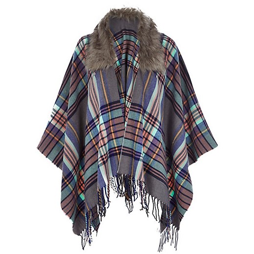 Grey check faux fur trim cape river-island szary 