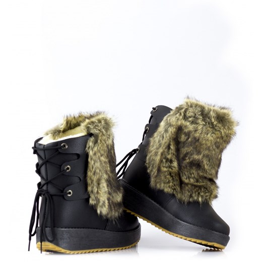 Czarne Śniegowce Black Snow Boots with Cod Line born2be-pl zielony futra