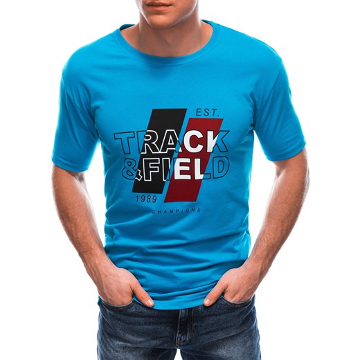 T-shirt męski z nadrukiem 1763S - błękitny Edoti.com XL Edoti