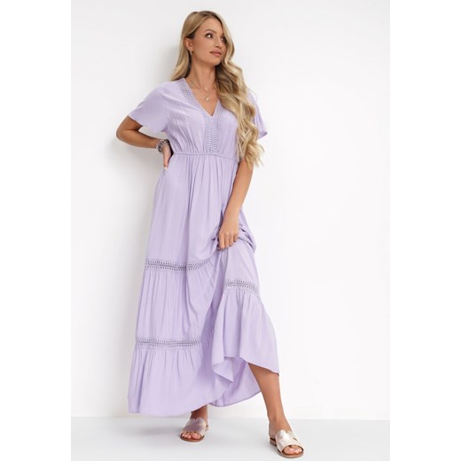 Fioletowa Sukienka Maxi z Gumką w Talii i Koronkowymi Lamówkami Kelbie ze sklepu Born2be Odzież w kategorii Sukienki - zdjęcie 151810467