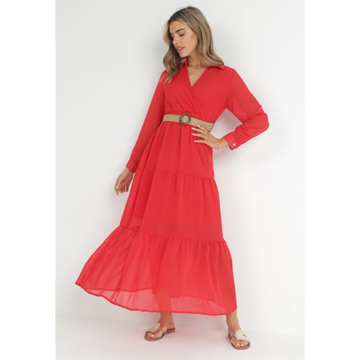 Czerwona Sukienka z Kopertowym Dekoltem i Plecionym Paskiem Dirmi ze sklepu Born2be Odzież w kategorii Sukienki - zdjęcie 151810696