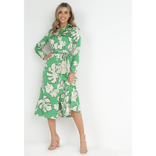 Zielona Koszulowa Sukienka na Guziki w Kwiaty Mivy ze sklepu Born2be Odzież w kategorii Sukienki - zdjęcie 151813595