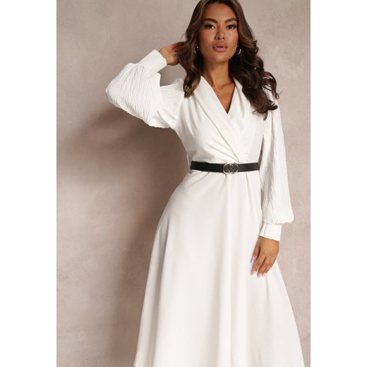Biała Rozkloszowana Sukienka z Paskiem i Długim Rękawem Malaiyah Renee S Renee odzież wyprzedaż