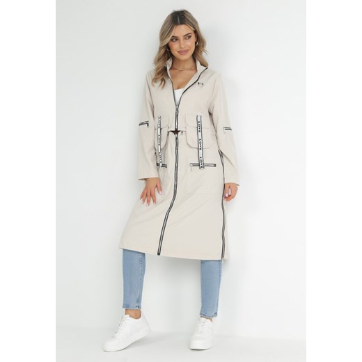 Beżowy Płaszcz z Regulowaną Długością i Taśmami z Napisem Emmilou 2XL okazja Born2be Odzież