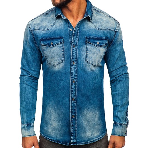 Granatowa koszula męska jeansowa z długim rękawem Denley MC710BS S Denley
