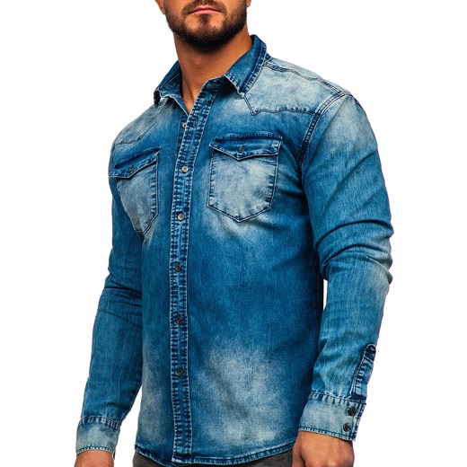 Granatowa koszula męska jeansowa z długim rękawem Denley MC710BS L Denley
