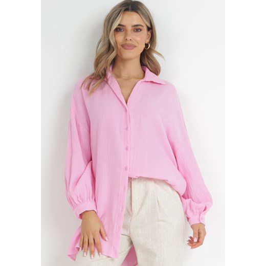 Różowa Bawełniana Koszula o Długim Fasonie Oversize Atherene ze sklepu Born2be Odzież w kategorii Koszule damskie - zdjęcie 152207178