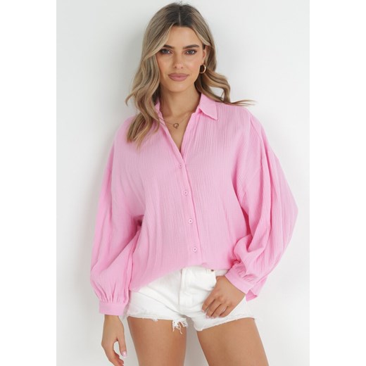 Różowa Bawełniana Koszula Oversize z Szerokimi Rękawami Melillia ze sklepu Born2be Odzież w kategorii Koszule damskie - zdjęcie 152207188