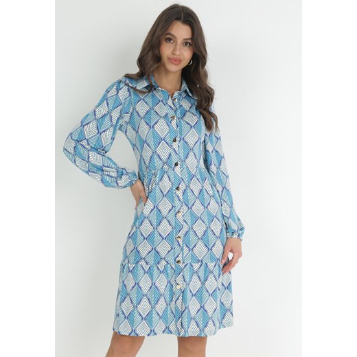 Niebieska Koszulowa Sukienka w Retro Wzór Alelena ze sklepu Born2be Odzież w kategorii Sukienki - zdjęcie 152281956