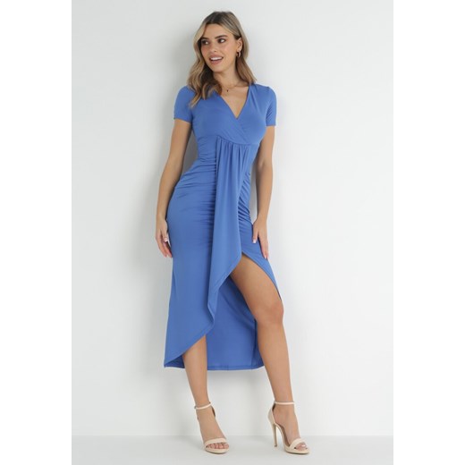 Niebieska Asymetryczna Sukienka Kopertowa z Marszczeniami Adephelia ze sklepu Born2be Odzież w kategorii Sukienki - zdjęcie 152282156
