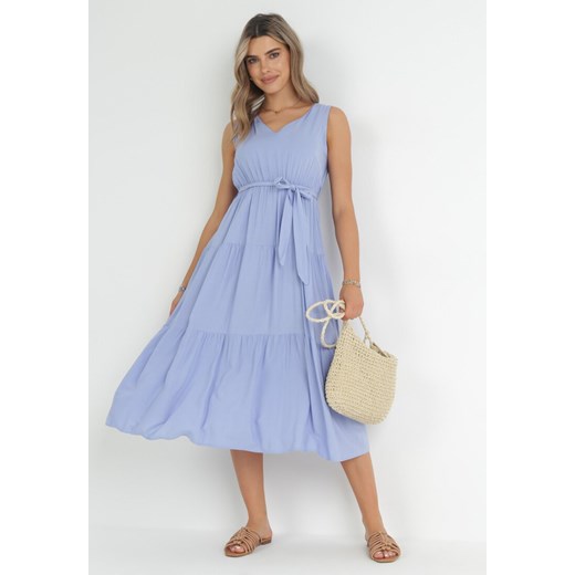 Niebieska Wiskozowa Sukienka Midi z Gumką w Pasie i Materiałowym Paskiem Bicuh ze sklepu Born2be Odzież w kategorii Sukienki - zdjęcie 152329149