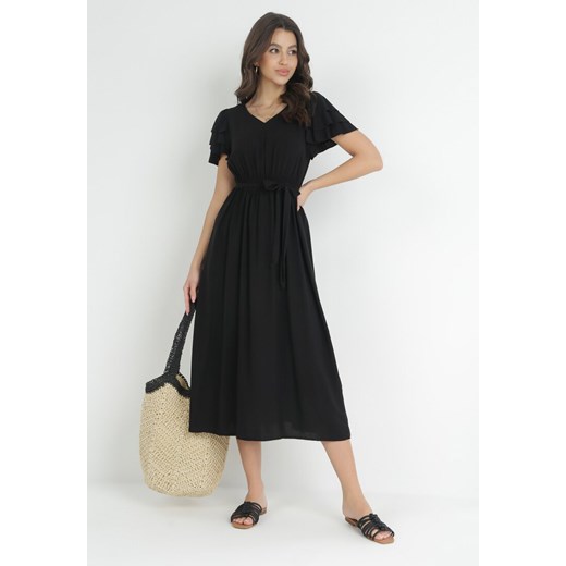 Czarna Sukienka Midi z Wiskozy z Gumką w Pasie i Materiałowym Paskiem Aricia ze sklepu Born2be Odzież w kategorii Sukienki - zdjęcie 152374599