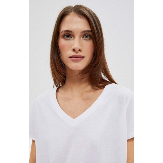 Bawełniany t-shirt damski z dekoltem w serek w kolorze białym4048, Kolor biały, S Primodo
