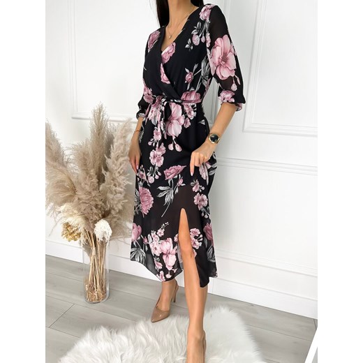 Sukienka Modnakiecka.pl na spacer z długim rękawem wielokolorowa rozkloszowana