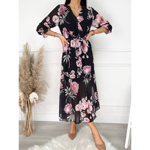 Sukienka Modnakiecka.pl z dekoltem v na spacer midi w kwiaty