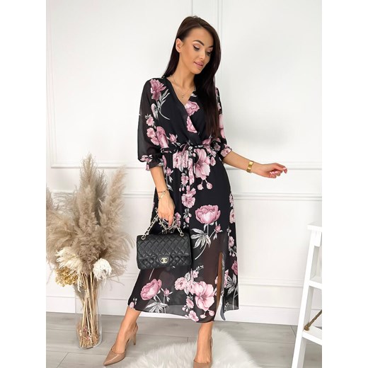 Sukienka Modnakiecka.pl wielokolorowa na spacer midi w kwiaty z długim rękawem