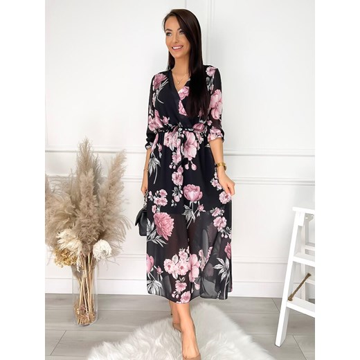 Sukienka Modnakiecka.pl rozkloszowana w kwiaty z długim rękawem midi