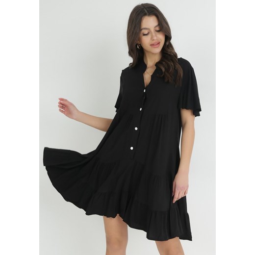 Czarna Sukienka Koszulowa z Falbanką Selentha ze sklepu Born2be Odzież w kategorii Sukienki - zdjęcie 152695248