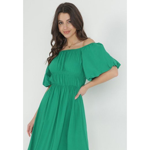 Zielona Rozkloszowana Sukienka Hiszpanka z Gumką w Pasie z Wiskozowej Tkaniny S okazja Born2be Odzież