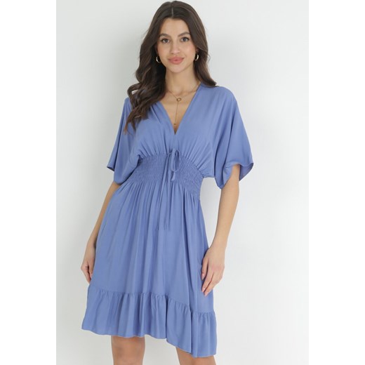 Niebieska Sukienka z Wiskozy z Marszczoną Gumką w Talii Demaria ze sklepu Born2be Odzież w kategorii Sukienki - zdjęcie 152695427