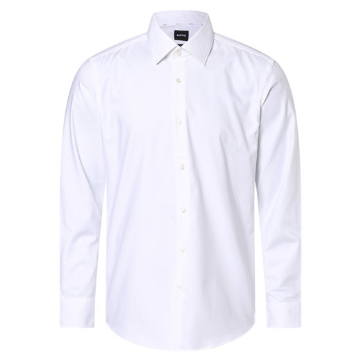 BOSS Koszula męska łatwa w prasowaniu Mężczyźni Slim Fit Bawełna biały wypukły wzór tkaniny kołnierzyk kent ze sklepu vangraaf w kategorii Koszule męskie - zdjęcie 152696937