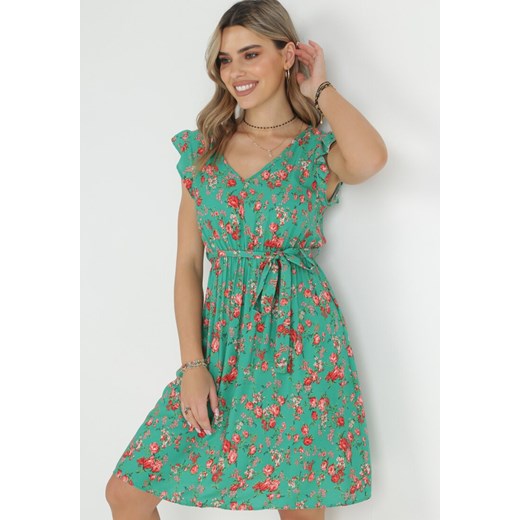 Zielona Sukienka z Gumką w Pasie z Wiskozy w Kwiaty Chrysa ze sklepu Born2be Odzież w kategorii Sukienki - zdjęcie 152705487