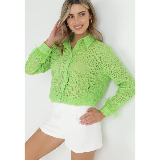 Zielona Koronkowa Koszula z Piórkami Przy Rękawach Coile ze sklepu Born2be Odzież w kategorii Koszule damskie - zdjęcie 152705845