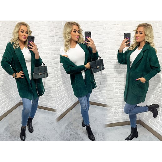 PŁASZCZ Z ALPAKI OVERSIZE - PLUS SIZE DUŻY ROZMIAR 44-54 BUTELKOWA ZIELEŃ Katmandi one size katmandi.pl