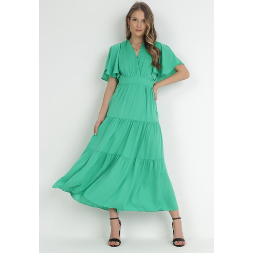 Zielona Rozkloszowana Sukienka Maxi z Falbankami i Odkrytymi Plecami Rallad ze sklepu Born2be Odzież w kategorii Sukienki - zdjęcie 153018016
