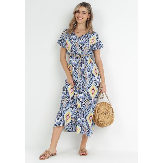 Niebieska Sukienka Maxi z Guzikami i Sznurkiem Phebia ze sklepu Born2be Odzież w kategorii Sukienki - zdjęcie 153023416