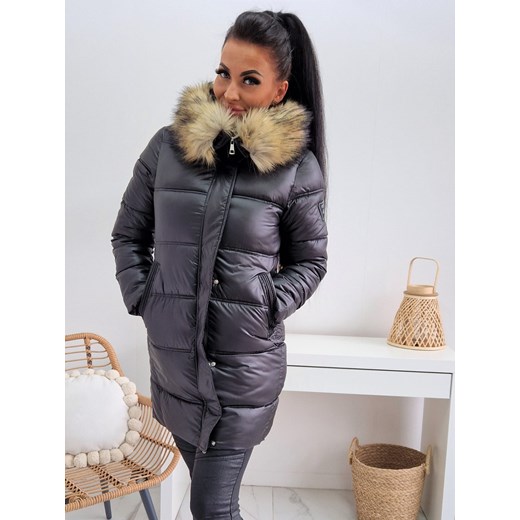 puchowa zimowa kurtka płaszcz level z kapturem i naszywką - czarna ze sklepu STYLOWO w kategorii Płaszcze damskie - zdjęcie 153073387