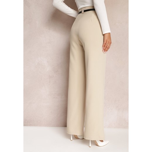 Jasnobeżowe Szerokie Spodnie z Paskiem z Imitacji Skóry Vortexi ze sklepu Renee odzież w kategorii Spodnie damskie - zdjęcie 153136079