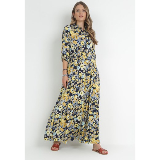 Granatowo-Żółta Rozkloszowana Sukienka Maxi Koszulowa w Kwiaty Moonsee ze sklepu Born2be Odzież w kategorii Sukienki - zdjęcie 153161438