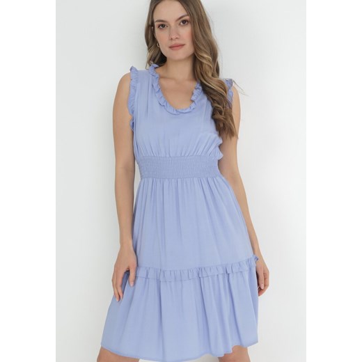 Niebieska Sukienka z Falbankami i Marszczoną Gumką w Pasie z Wiskozy Falirina ze sklepu Born2be Odzież w kategorii Sukienki - zdjęcie 153163709