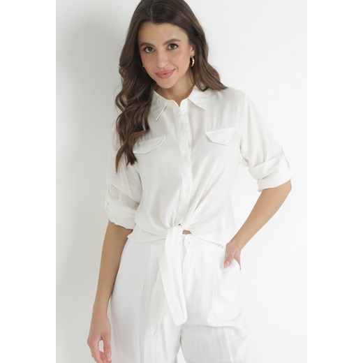 Biała Wiązana Koszula z Podpinanymi Rękawami z Wiskozy Rosina ze sklepu Born2be Odzież w kategorii Koszule damskie - zdjęcie 153191996