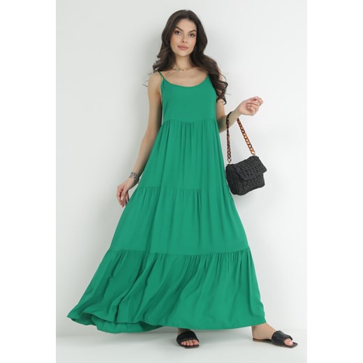 Zielona Sukienka z Wiskozy na Ramiączkach z Falbanką Graesa ze sklepu Born2be Odzież w kategorii Sukienki - zdjęcie 153192246
