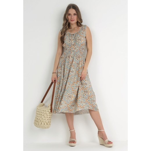 Miętowo-Brązowa Rozkloszowana Sukienka Midi na Szerokich Ramiączkach z Gumkami w Pasie Anelanie ze sklepu Born2be Odzież w kategorii Sukienki - zdjęcie 153197689