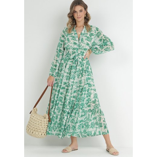 Zielona Sukienka Maxi w Kwiaty z Guzikami i Materiałowym Paskiem Kinzey ze sklepu Born2be Odzież w kategorii Sukienki - zdjęcie 153197849