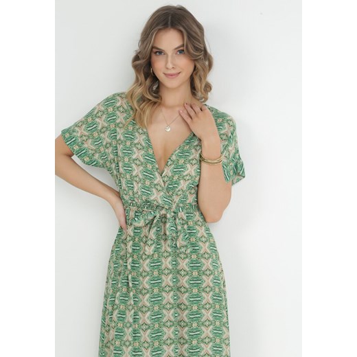 Zielona Sukienka Rozkloszowana z Gumką w Pasie Myricle XL promocyjna cena Born2be Odzież