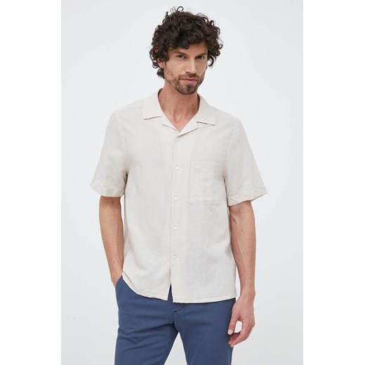 Calvin Klein koszula lniana męska kolor beżowy regular ze sklepu ANSWEAR.com w kategorii Koszule męskie - zdjęcie 153280549