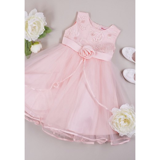 Różowa Długa Sukienka Balowa z Ozdobnym Pasem Perełkami i Koronką Neomeda 164 okazja Born2be Odzież