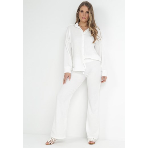 Biały 2-częściowy Komplet z Koszulą i Spodniami z Tłoczonej Tkaniny Benneta ze sklepu Born2be Odzież w kategorii Komplety i garnitury damskie - zdjęcie 153283898